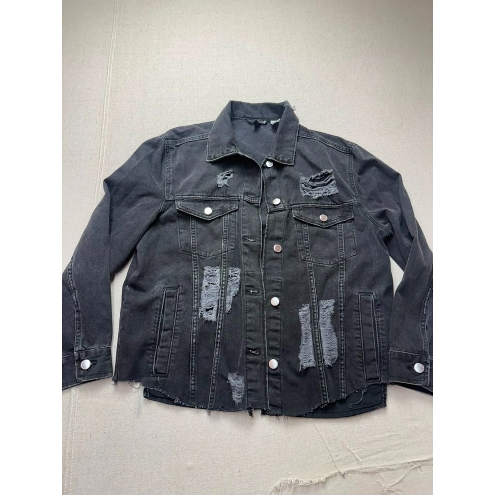 H&M Divided Women's Black Distressed Denim Jacket Size 10 [A184]